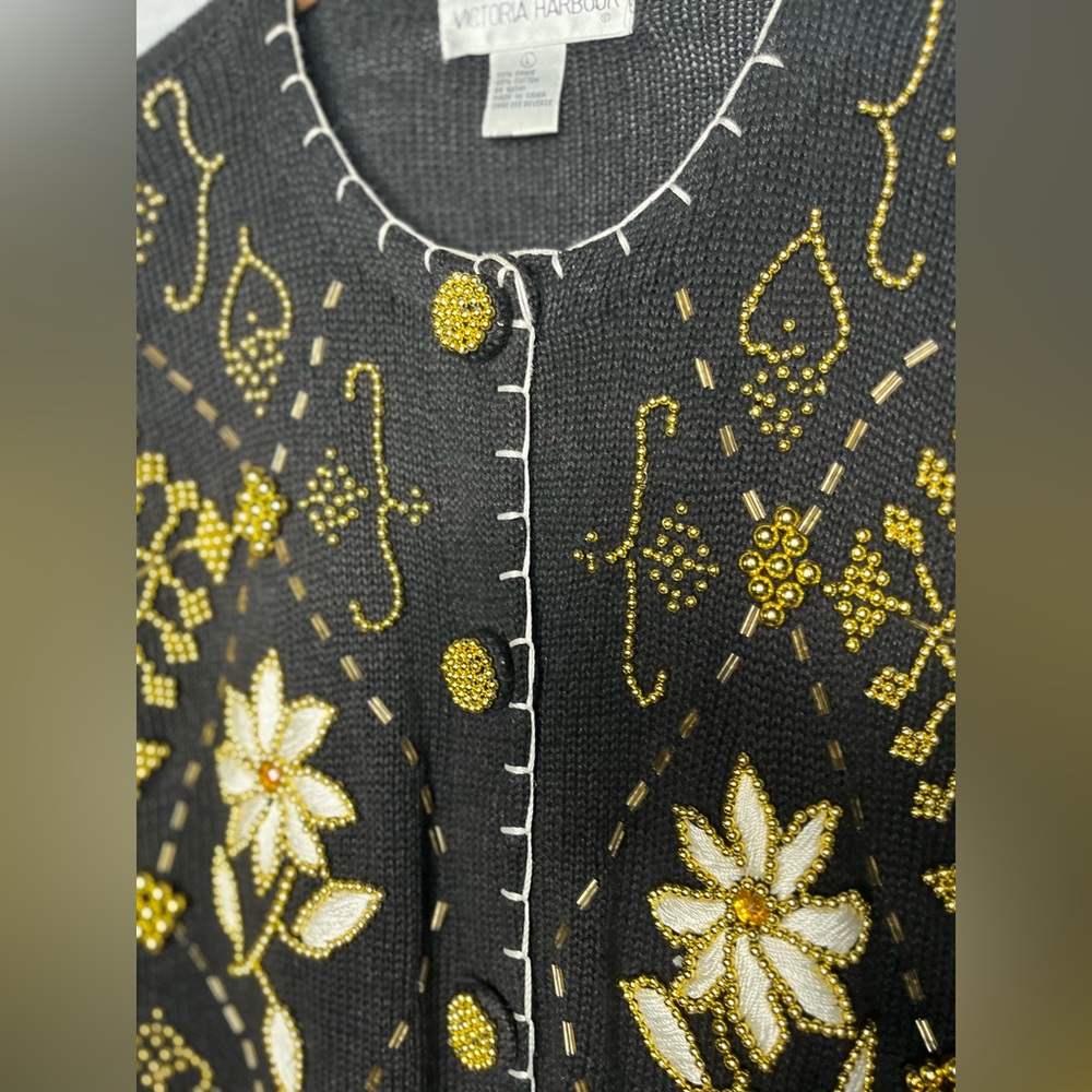 Vintage Victoria Harbour Cardigan Knit Beaded Sweater Black Gold Y2K L - Picture 6 of 13